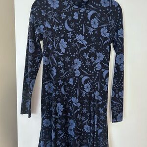 LOFT Blue and Black Floral Long Sleeve Dress NWOT